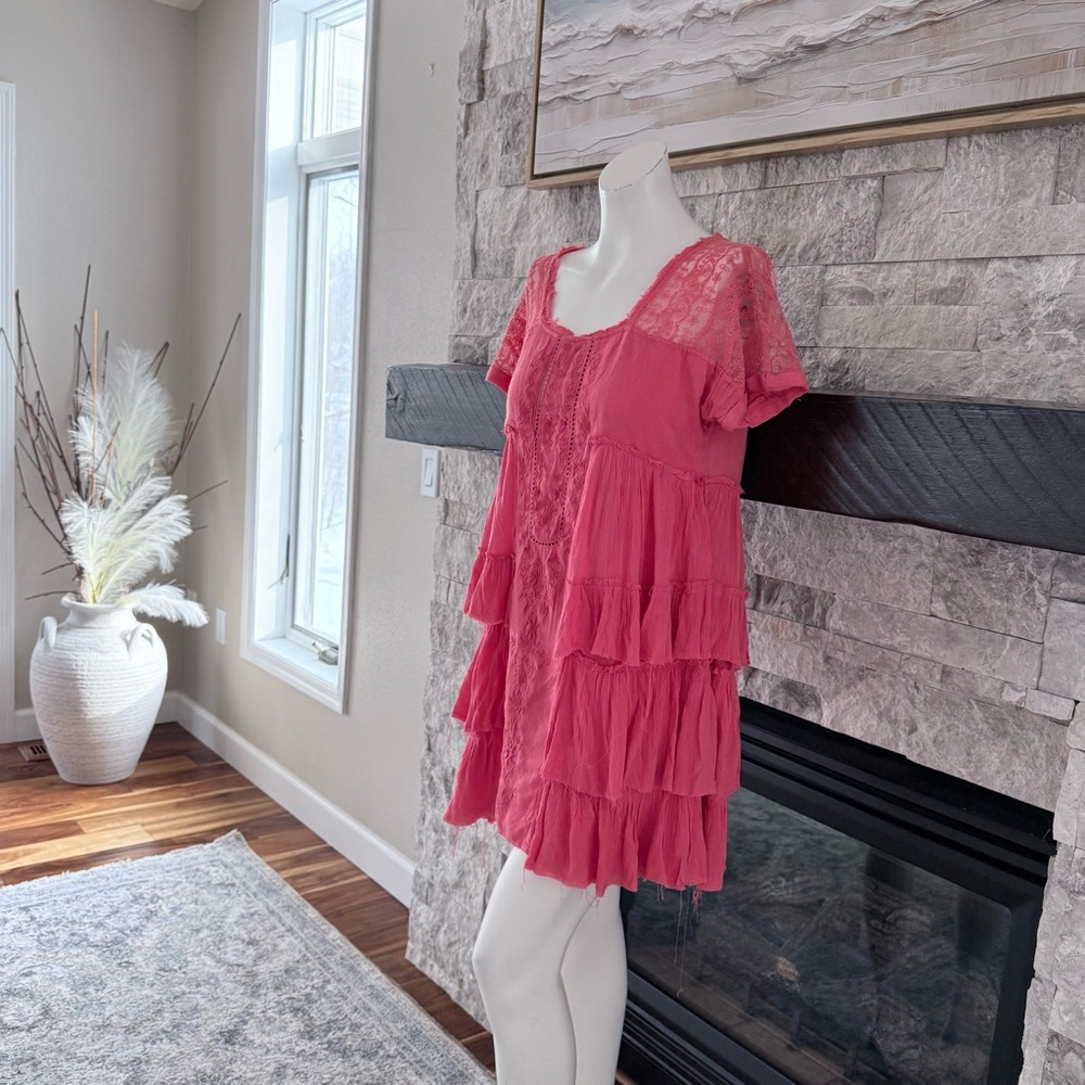 Free People Coral Lace Tiered Mini Dress | NWT | Size S - Picture 2 of 13